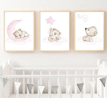 Load image into Gallery viewer, Pink Moon Baby Bear Nursery Art
