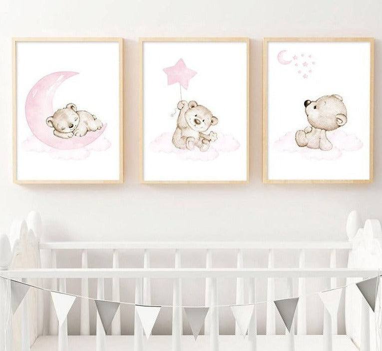 Pink Moon Baby Bear Nursery Art