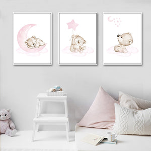 Pink Moon Baby Bear Nursery Art