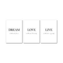 Load image into Gallery viewer, Dream. Love. Live. Minimalist Word Art
