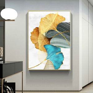 Golden Blue Leaf Abstract Art