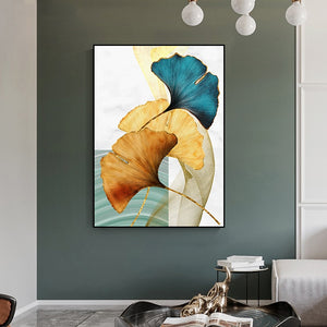 Golden Blue Leaf Abstract Art