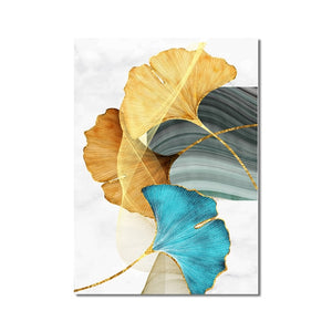 Golden Blue Leaf Abstract Art