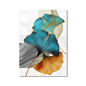 Golden Blue Leaf Abstract Art