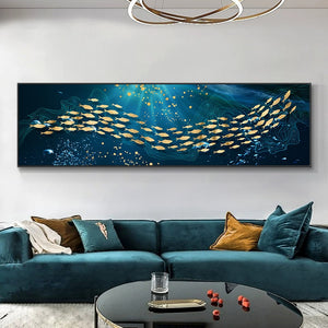 Modern Blue Sea Golden Fish Wall Art