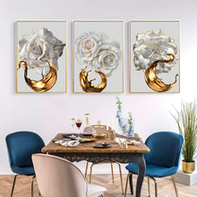 Charger l&#39;image dans la galerie, Modern Abstract White Roses And Gold Paint Brush
