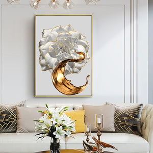 Modern Abstract White Roses And Gold Paint Brush