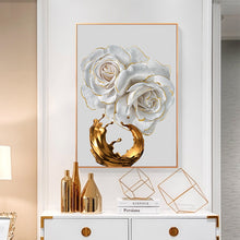 Charger l&#39;image dans la galerie, Modern Abstract White Roses And Gold Paint Brush
