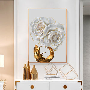 Modern Abstract White Roses And Gold Paint Brush