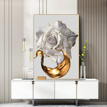 Load image into Gallery viewer, Modern Abstract White Roses And Gold Paint Brush
