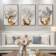 Charger l&#39;image dans la galerie, Modern Abstract White Roses And Gold Paint Brush
