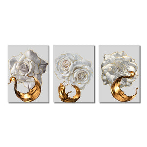 Modern Abstract White Roses And Gold Paint Brush