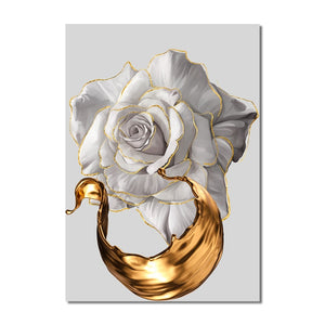 Modern Abstract White Roses And Gold Paint Brush