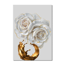 Load image into Gallery viewer, Modern Abstract White Roses And Gold Paint Brush
