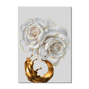 Modern Abstract White Roses And Gold Paint Brush